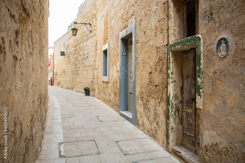 Narrow streets with colourful window boxes in Valetta  Malta
