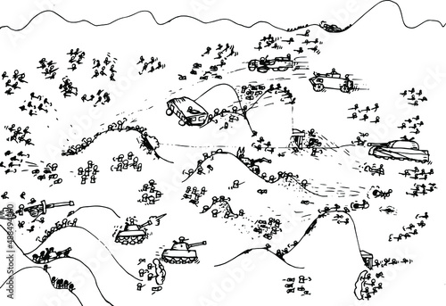 freehand drawing war games battle. War tanks, soldiers, fight, battle.