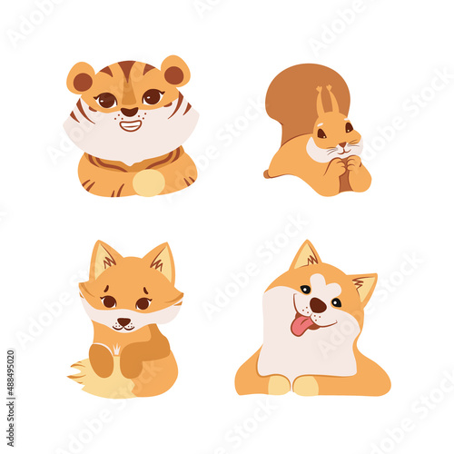 The collection of kids cartoon tiger, dog, fox, a squirrel for logo designs, stickers