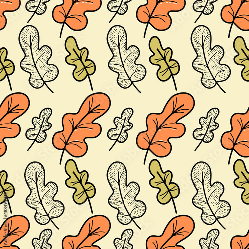 Seamless vector pattern with orange and green leaves in doodle style on yellow pastel background.