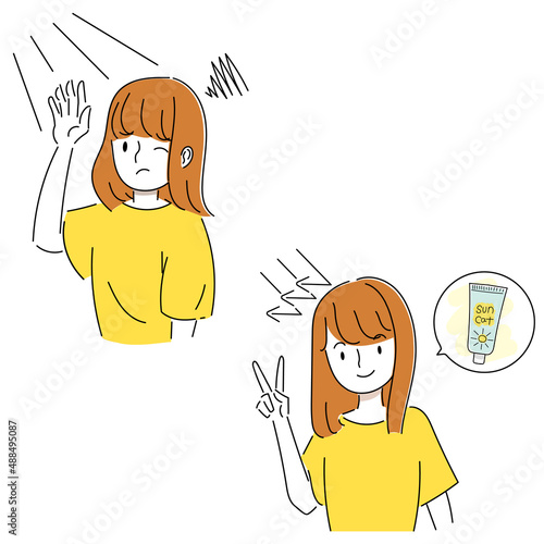 紫外線に悩む女性と紫外線対策をする女性のイラスト