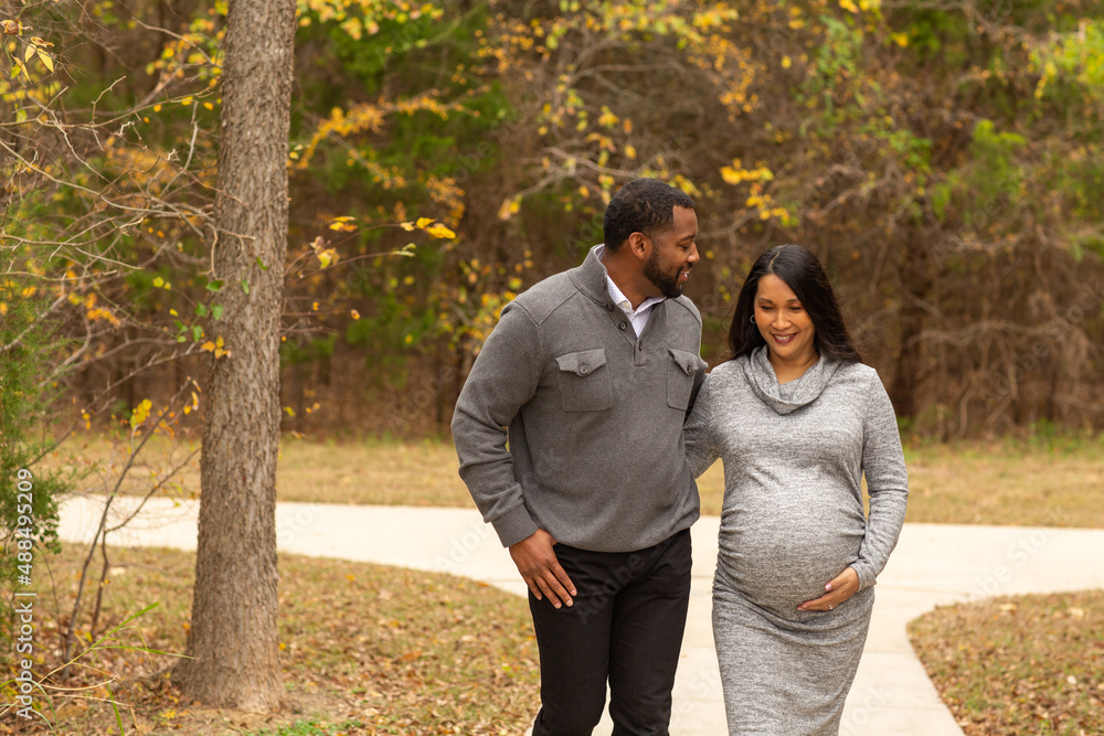 Pregnant Couple Walking And Holding Hands at the park Pregnant Couple Walking And Holding Hands at the park