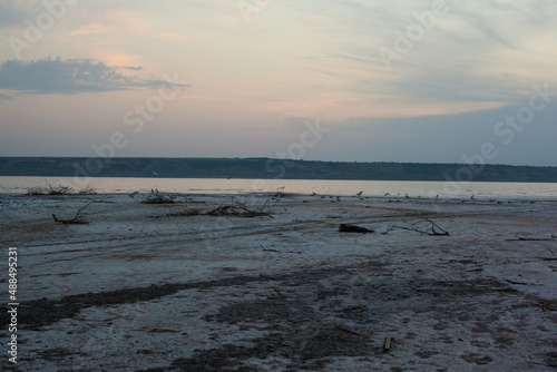 Dried up sandy estuary under the boundless sky. Twilight on the salt lake beach.