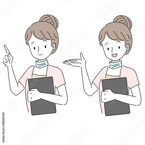 バインダーを持ち解説や案内を行う女性のイラスト