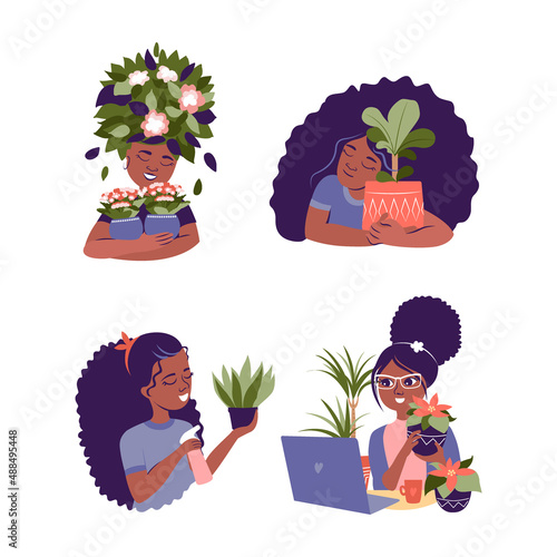 A set of cute African girls is a vector illustration. The cartoon woman hugs home flowers and loves plant pot