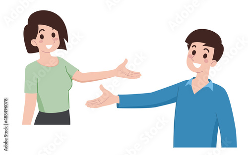 Young men and women spread their hands to the side to invite customers to see the product or the advertising message. Character product showing concept isolated on white background.