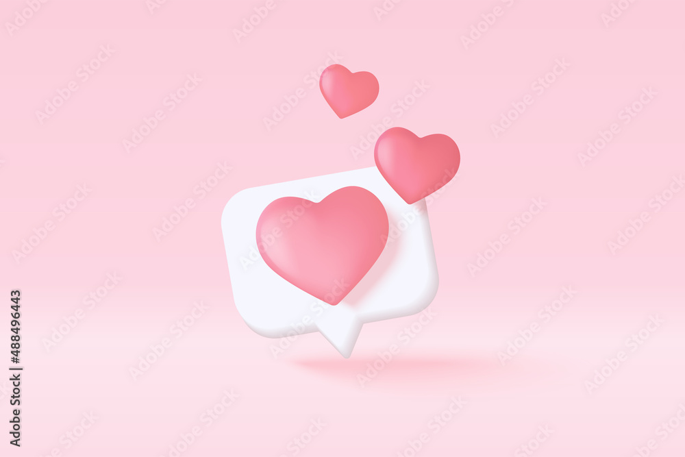 3D Social media online platform concept, online social communication on applications, Photo frame with heart and love emoji icon, like and play in red bubble 3d icons. 3d vector render concept