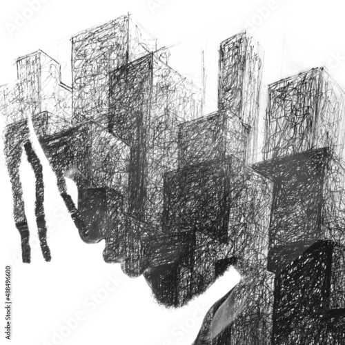 Paintography. A profile portrait of a man combined with handmade painting of wavy lines.