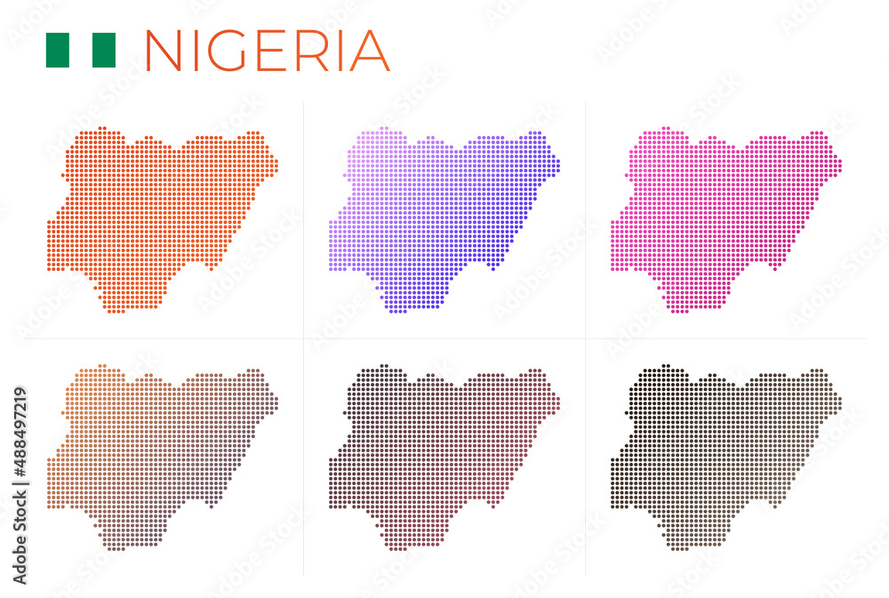 Nigeria dotted map set. Map of Nigeria in dotted style. Borders of the country filled with beautiful smooth gradient circles. Attractive vector illustration.