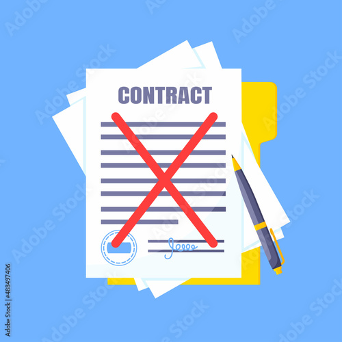 Contract cancellation business concept. Terminated tearing contract paper sheet breach flat style design vector illustration isolated on white background.