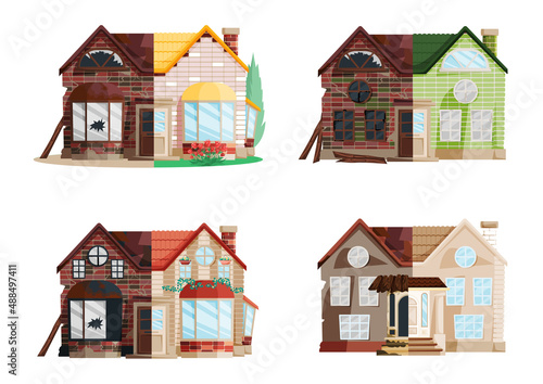 Home renovation, house before and after repair. New and old suburban cottage. Remodel construction. Old run-down house remodeled into cute traditional suburban cottage. Building maintenance service