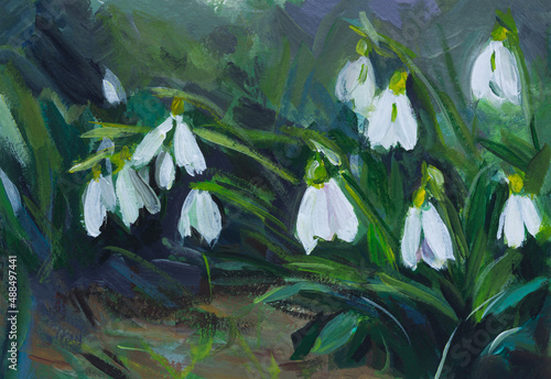 Wallpaper Mural Snowdrops painting art. Beautiful illustration of blooming flowers in the forest. The first spring flowers. Handmade with acrylic paints. Artwork, painting. Layout for postcards, posters, notebooks. Torontodigital.ca