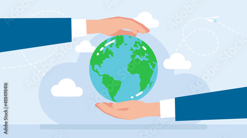 Saving the planet. Environmental protection. Flat illustration. Hands of businessmen and politicians hold the planet. Natural resources protection. The Metaphor of environmental friendliness. Vector