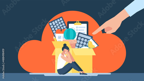 Firing from a job. Job cuts. Dismissal employee. Vector business illustration. Fired sad female office worker sitting on the floor and crying. Unemployment and Jobless concept. Flat style design