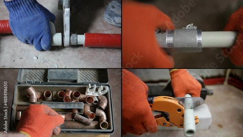 Multiscreen, collage. The plumber installs heating, hot water and plumbing in the house. Plumbing work from plastic pipes.