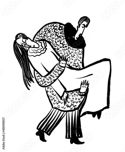 drawing picture of a large strong man carries an unconscious girl in his arms, sketch, hand drawn digital vector illustration