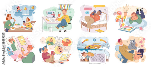 Children at home with phones and tablets set. Kids studying online, surfing social media, playing game, chatting by video call and use internet. School or preschool children using modern gadgets
