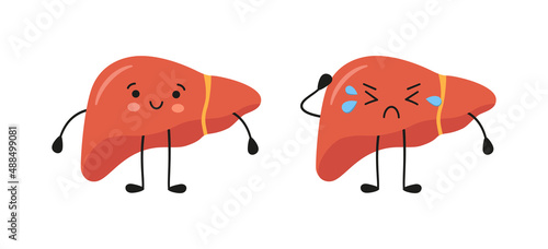 Healthy happy and sad sick liver characters. Kawaii liver characters. Vector isolated illustration in flat and cartoon style on white background.