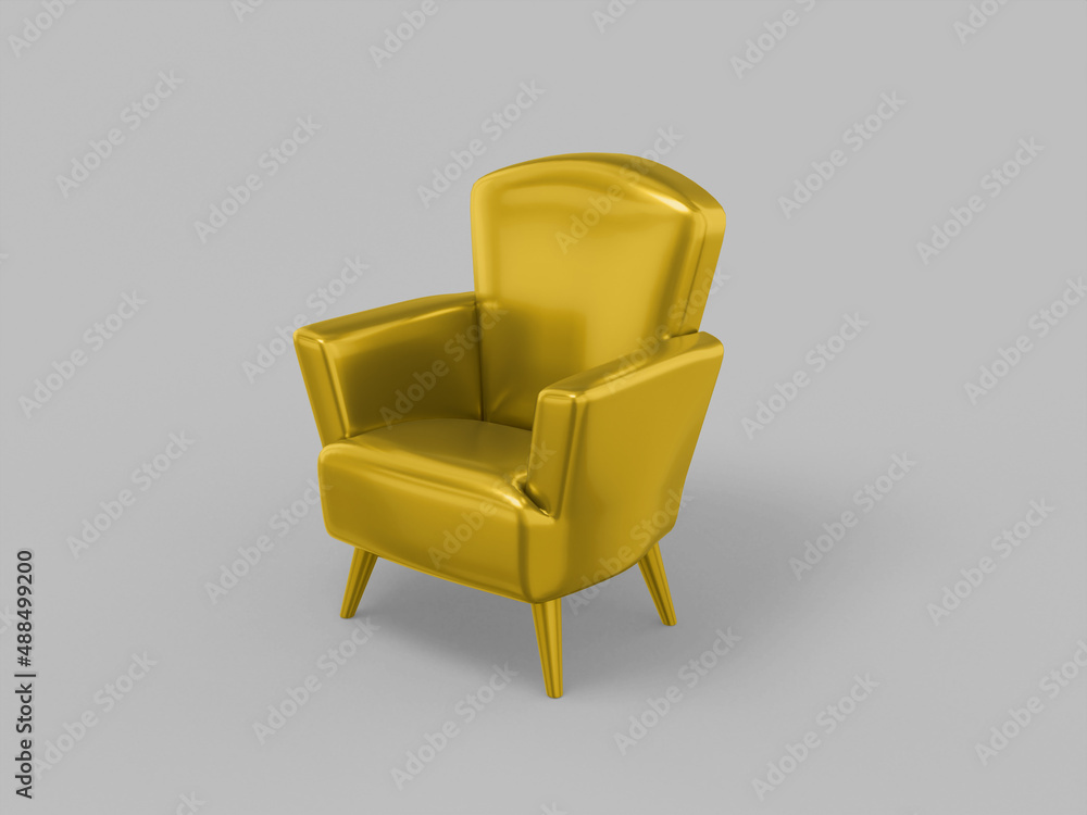 Fototapeta premium Golden mono color armchair on a gray solid background. Minimalistic design object. 3d rendering icon ui ux interface element.