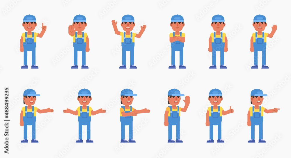 Set of auto mechanic, worker or courier characters showing various hand gestures. Modern vector illustration