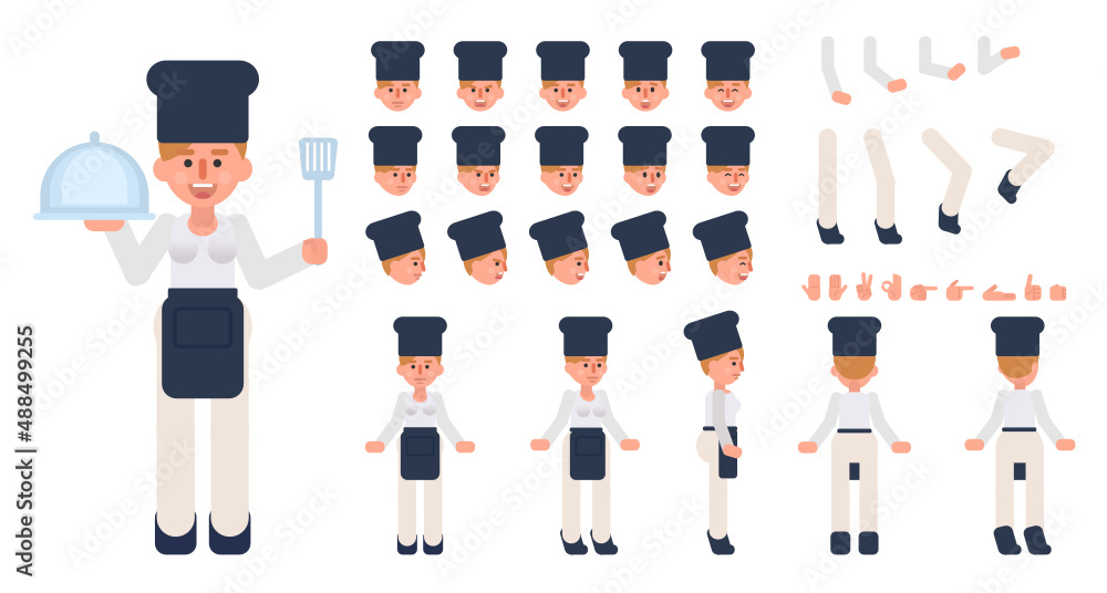 Woman chef cook creation kit. Create your own pose, action, animation. Modern vector illustration Woman chef cook creation kit. Create your own pose, action, animation. Modern vector illustration