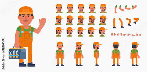 Creation kit of auto mechanic, repairman or builder. Modern vector illustration. Create your own pose, action, animation