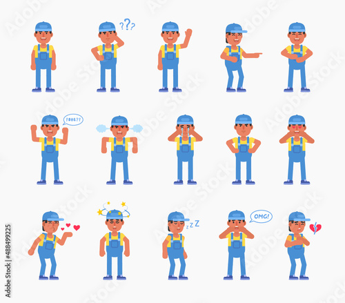 Set of auto mechanic, worker or courier characters showing emotions. Modern vector illustration
