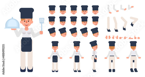 Woman chef cook creation kit. Create your own pose, action, animation. Modern vector illustration