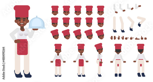 Woman chef cook creation kit. Create your own pose, action, animation. Modern vector illustration