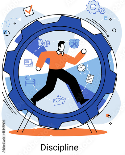 Daily schedule metaphor, daily affairs person, discipline indicators time for rest, work, sleep, food. Scheduling activities for day, time management, distribution of tasks, circle sectors occupation