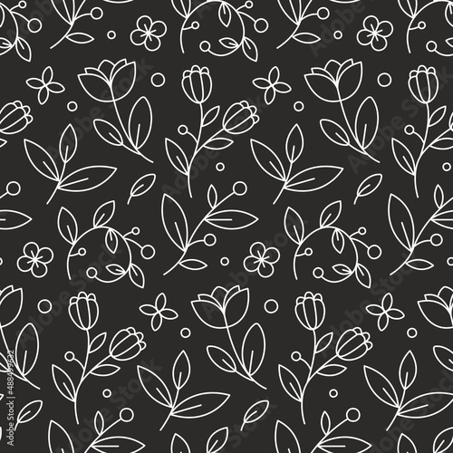 Floral cute vector beautiful line art seamless pattern with flowers, tulips, leaves, berries, branches. 8 march and valentine day pattern