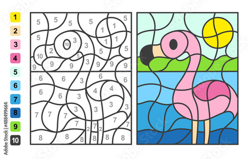 Color by numbers flamingo bird. Puzzle game for children education, colors for drawing and learning mathematics