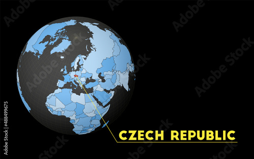 Czech Republic highlighted on a dark globe with a blue world map. Satellite view centered on the Czech Republic with the country name. Vector illustration.