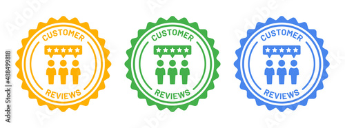 Customer review icon on round badge. 5 stars positive review icon set.
