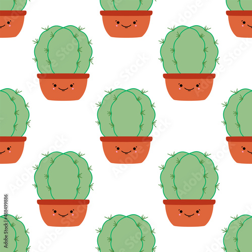 Seamless pattern with cute cartoon cactus. Vector illustration, isolated on a white background. Scandinavian style flat design. Concept for children print.	