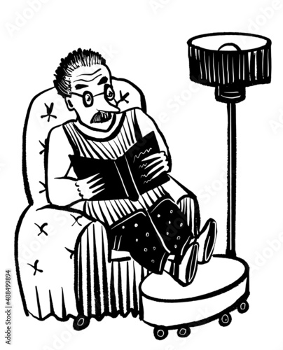 drawing picture of a man sitting in a cozy armchair in his living room, under a floor lamp, reading a book, sketch, hand drawn isolated vector illustration