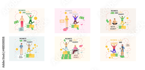 Richness and poverty set. Happy jumping rich man rejoices in prosperity and sad poor unemployed guy need money. Economic and social condition of people. Financial superiority, wealth and poorness