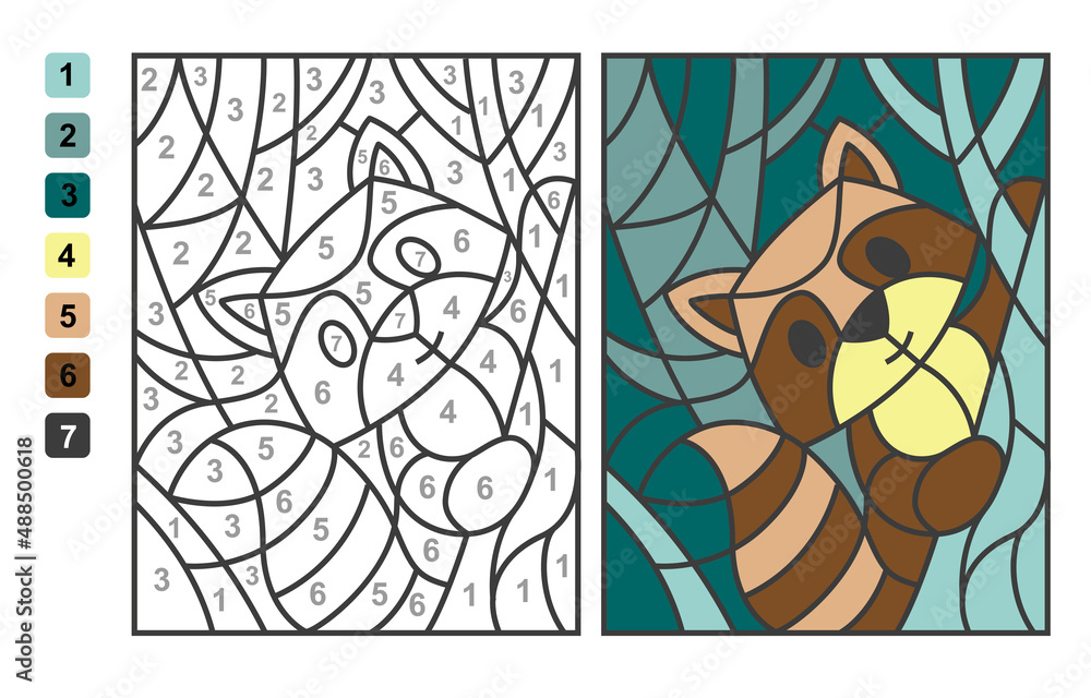 Color by numbers raccoon Animal. Puzzle game for children education