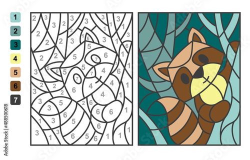 Color by numbers raccoon Animal. Puzzle game for children education, colors for drawing and learning mathematics