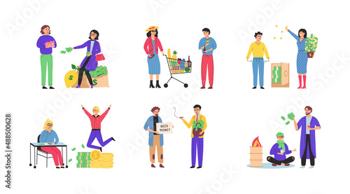 Rich and poor people concept. Happy smiling rich and unhappy sad poor persons. Social classes cartoon characters set isolated on white. Wealth and poverty, pauper, needy and moneybags businessman