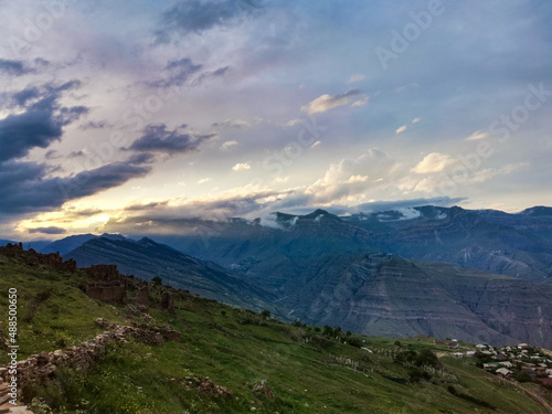 Panoramic view of the mountains from the ancient village of Goor. Russia, Dagestan 2021