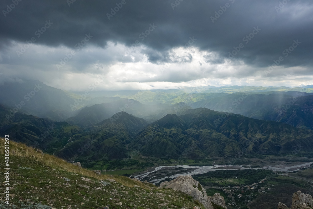 Beautiful breathtaking view of the mountains during a thunderstorm in Dagestan, Caucasus Russia