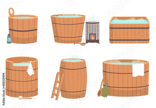 Wooden tub for bath set. Pot, bucket with blue water. Cracks in boards. Sauna water basin icon. Bathhouse element bathtube. Wellness spa procedures in wooden water barrel. Vat made with plank isolated