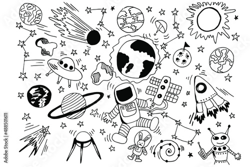 doodle space planets astronaut stars spaceship sun