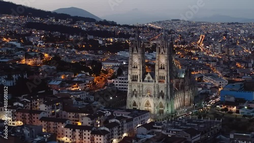 Aerial shot of quito church. 
Basílica del Voto Nacional en el centro Historico de QUITO capital del Ecuador. photo