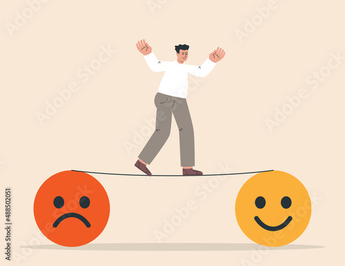 Psychological and mental stability. Emotional balance and harmony concept. Man walk thin rope with bad and good emotions.