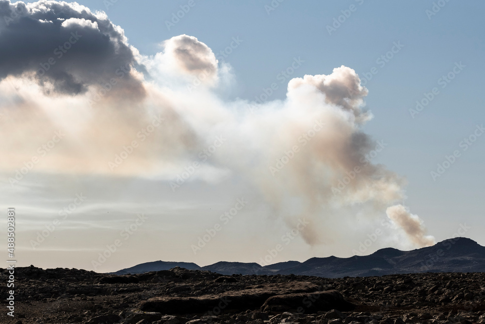 Clouds of smoke over the Fagradalsfjall volcano in Iceland