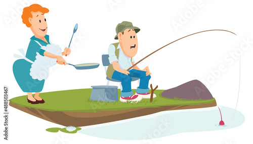 Fisherman with fishing rod. Illustration for internet and mobile website.