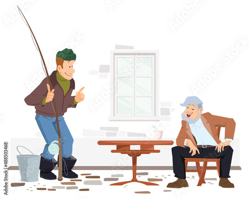 Man boasts of his catch. Illustration for internet and mobile website.