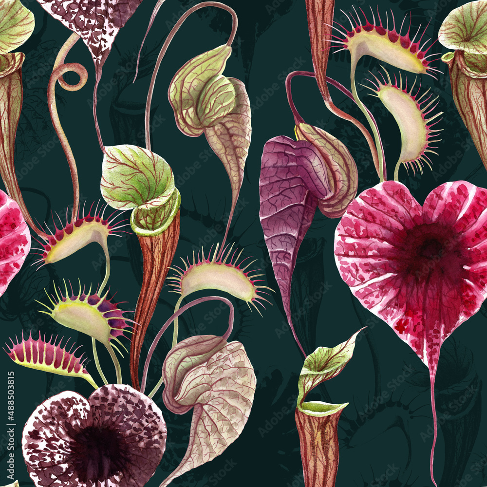 Carnivorous plants seamless pattern Dark tropical floral print ...